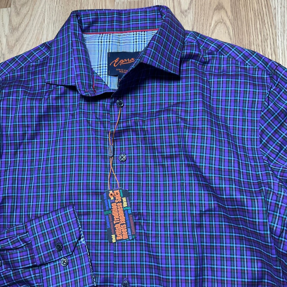 Egara Mens Slim Fit Stretch Non Iron Dress Shirt Purple Plaid L M292342